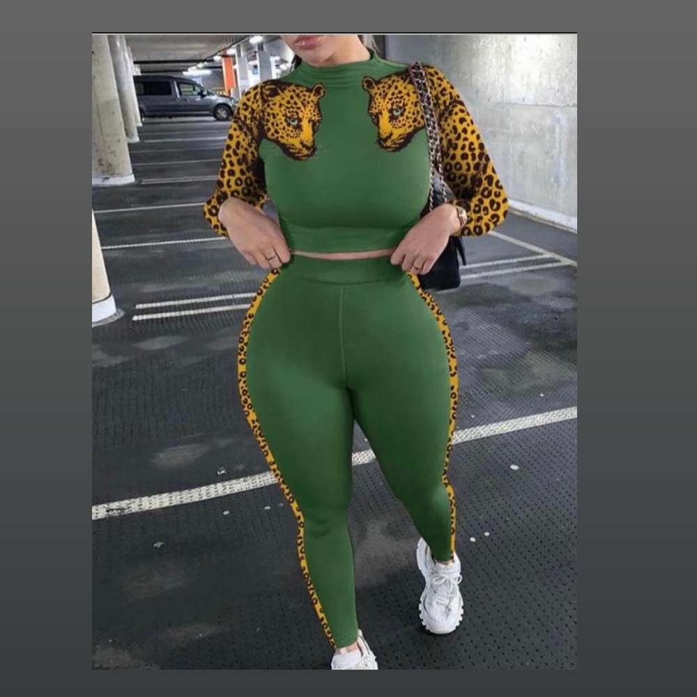 Leopard Print Two Piece Stretch Pants Set